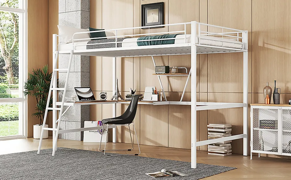 Simple Life Lit mezzanine 90x200cm blanc avec bureau en L et étagère, structure en métal, sans matelas