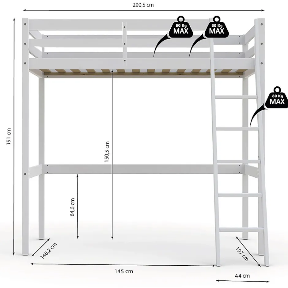 Bb Loisir Lit Mezzanine 140x190cm blanc SALA avec incl. Sommier et échelle