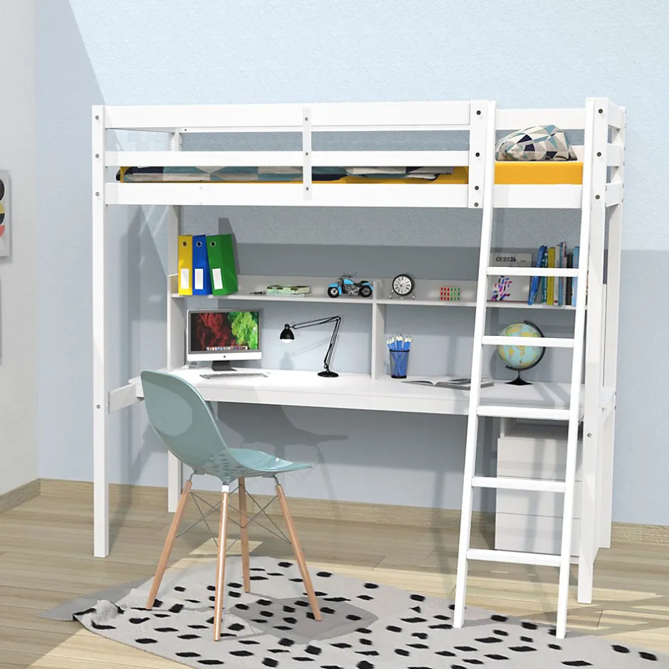 Bb Loisir Lit Mezzanine 90x190cm blanc SALA avec Bureau et commode incl. Sommier et échelle