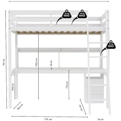 Bb Loisir Lit Mezzanine 90x190cm blanc SALA avec Bureau et commode incl. Sommier et échelle