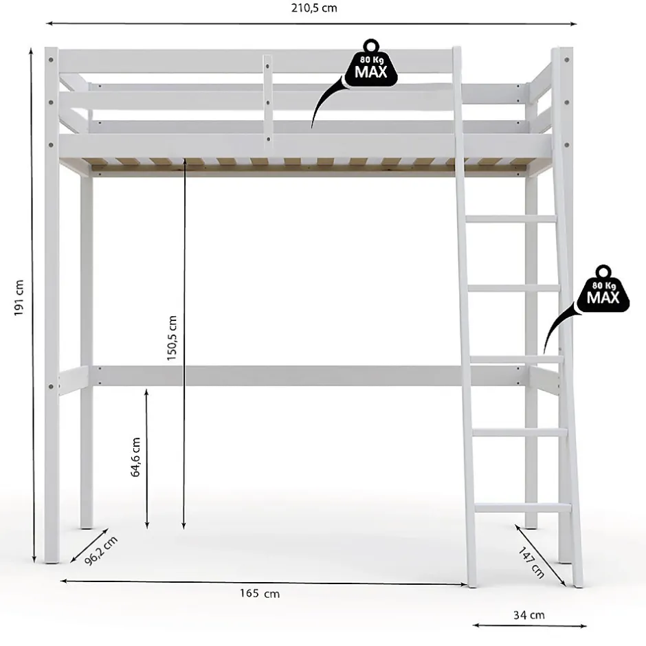 Bb Loisir Lit Mezzanine 90x200cm blanc SALA avec incl. Sommier et échelle New