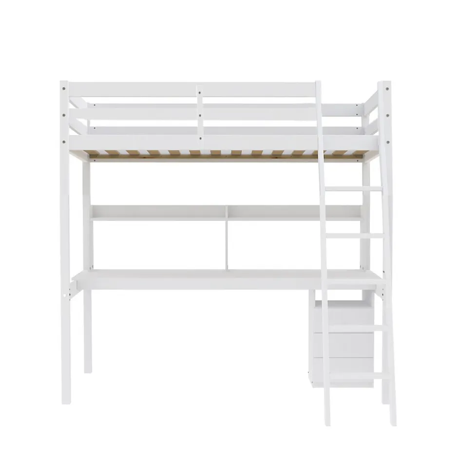 Bb Loisir Lit Mezzanine 140x190cm blanc SALA avec Bureau et commode incl. Sommier et échelle