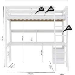 Bb Loisir Lit Mezzanine 140x190cm blanc SALA avec Bureau et commode incl. Sommier et échelle