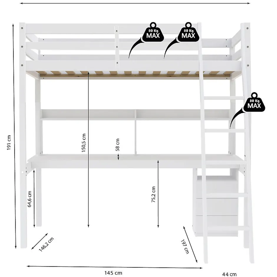Bb Loisir Lit Mezzanine 140x190cm blanc SALA avec Bureau et commode incl. Sommier et échelle