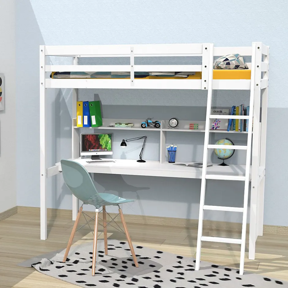 Bb Loisir Lit Mezzanine 90x190cm blanc SALA avec Bureau et étagères incl. Sommier et échelle