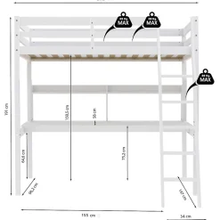 Bb Loisir Lit Mezzanine 90x190cm blanc SALA avec Bureau et étagères incl. Sommier et échelle