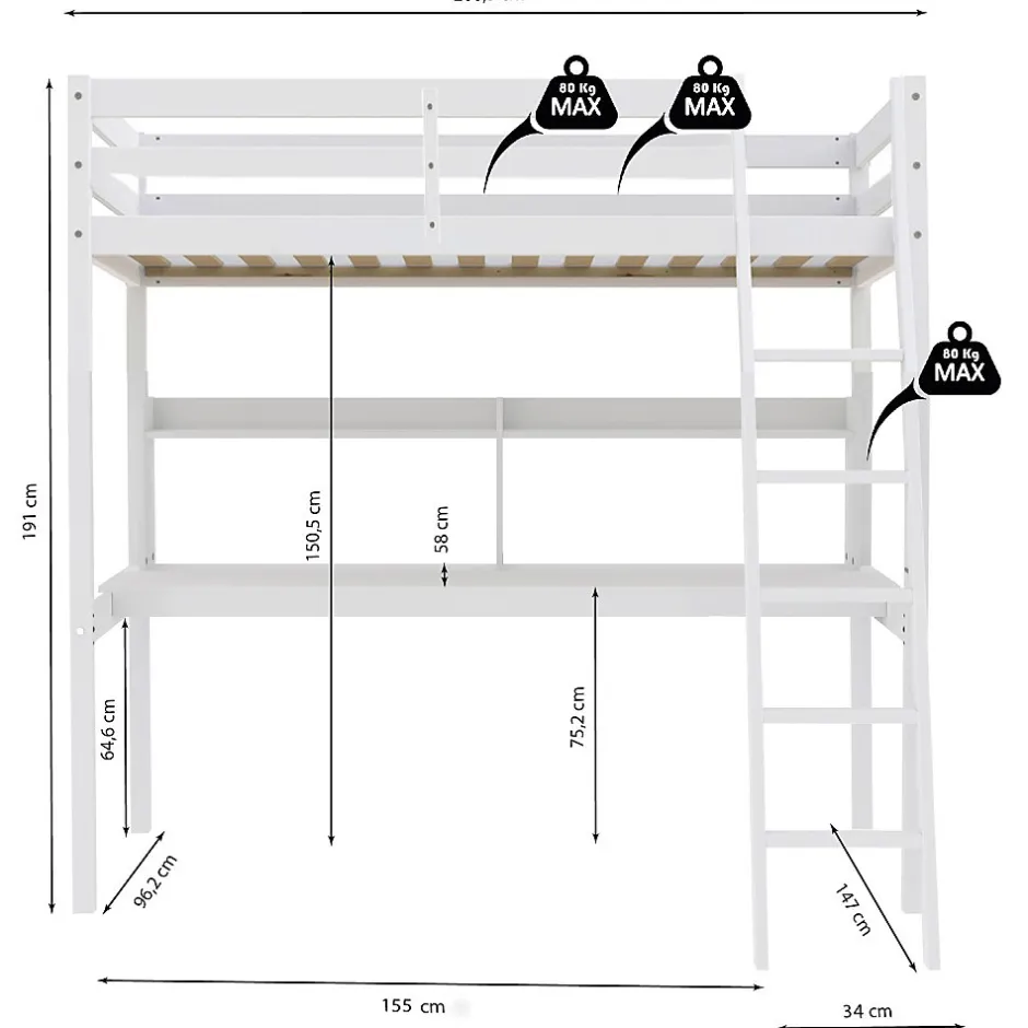 Bb Loisir Lit Mezzanine 90x190cm blanc SALA avec Bureau et étagères incl. Sommier et échelle