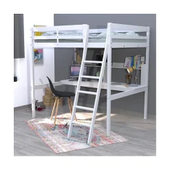 Bb Loisir Lit Mezzanine 140x190cm blanc SALA avec Bureau et étagères incl. Sommier et échelle