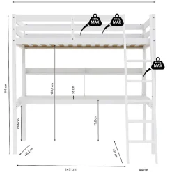 Bb Loisir Lit Mezzanine 140x190cm blanc SALA avec Bureau et étagères incl. Sommier et échelle