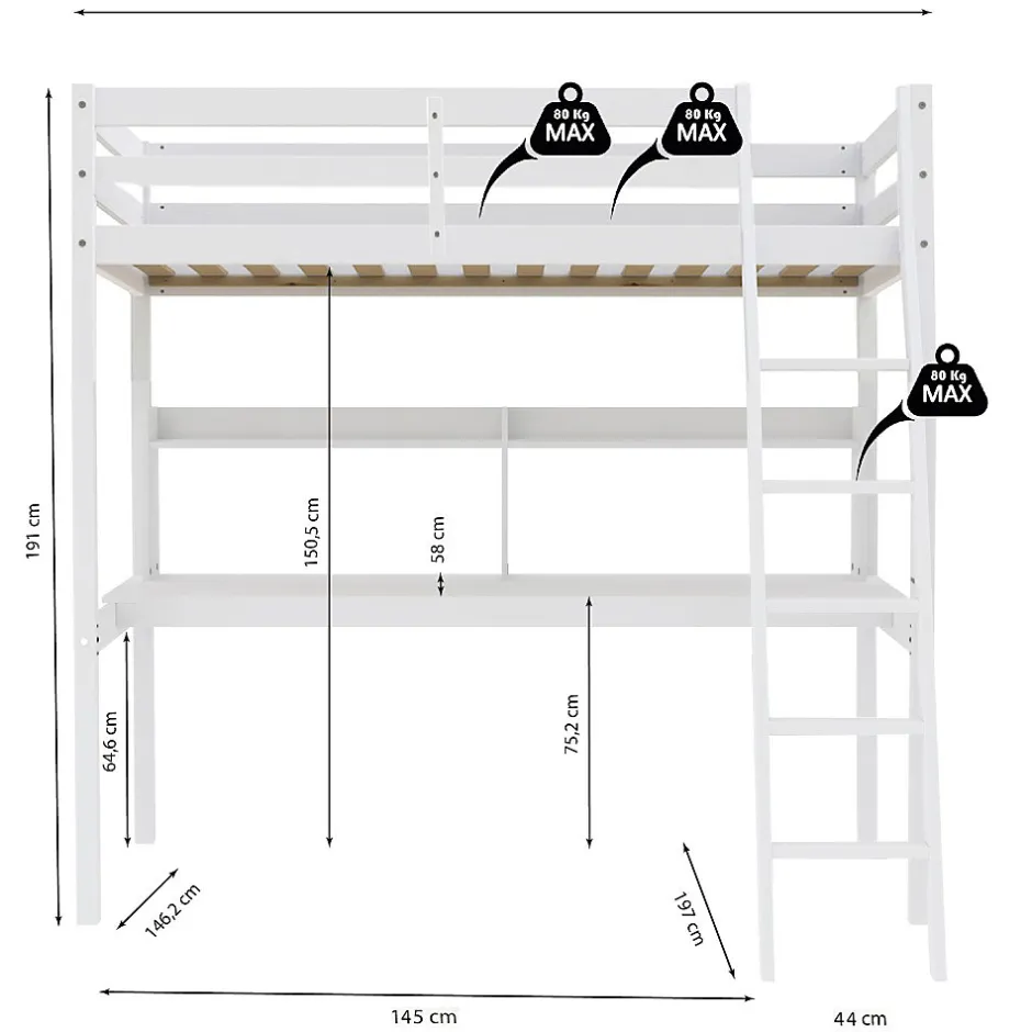 Bb Loisir Lit Mezzanine 140x190cm blanc SALA avec Bureau et étagères incl. Sommier et échelle