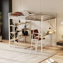 Enfant ProximaX Lit mezzanine 90x200cm, cadre en métal, lit surélevé avec échelle, bureau et 3 grandes étagères pour enfants, adolescents, blanc
