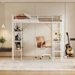 Enfant ProximaX Lit mezzanine 90x200cm, cadre en métal, lit surélevé avec échelle, bureau et 3 grandes étagères pour enfants, adolescents, blanc