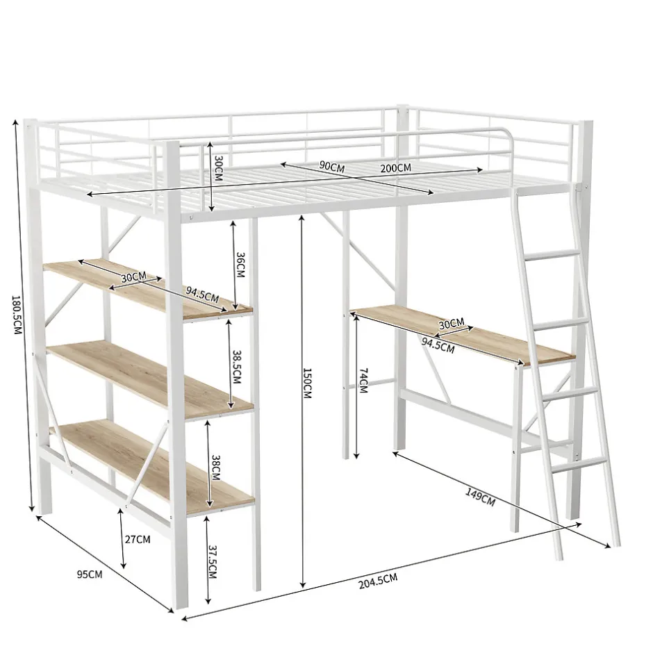 Enfant ProximaX Lit mezzanine 90x200cm, cadre en métal, lit surélevé avec échelle, bureau et 3 grandes étagères pour enfants, adolescents, blanc