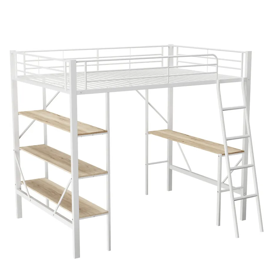 Enfant ProximaX Lit mezzanine 90x200cm, cadre en métal, lit surélevé avec échelle, bureau et 3 grandes étagères pour enfants, adolescents, blanc