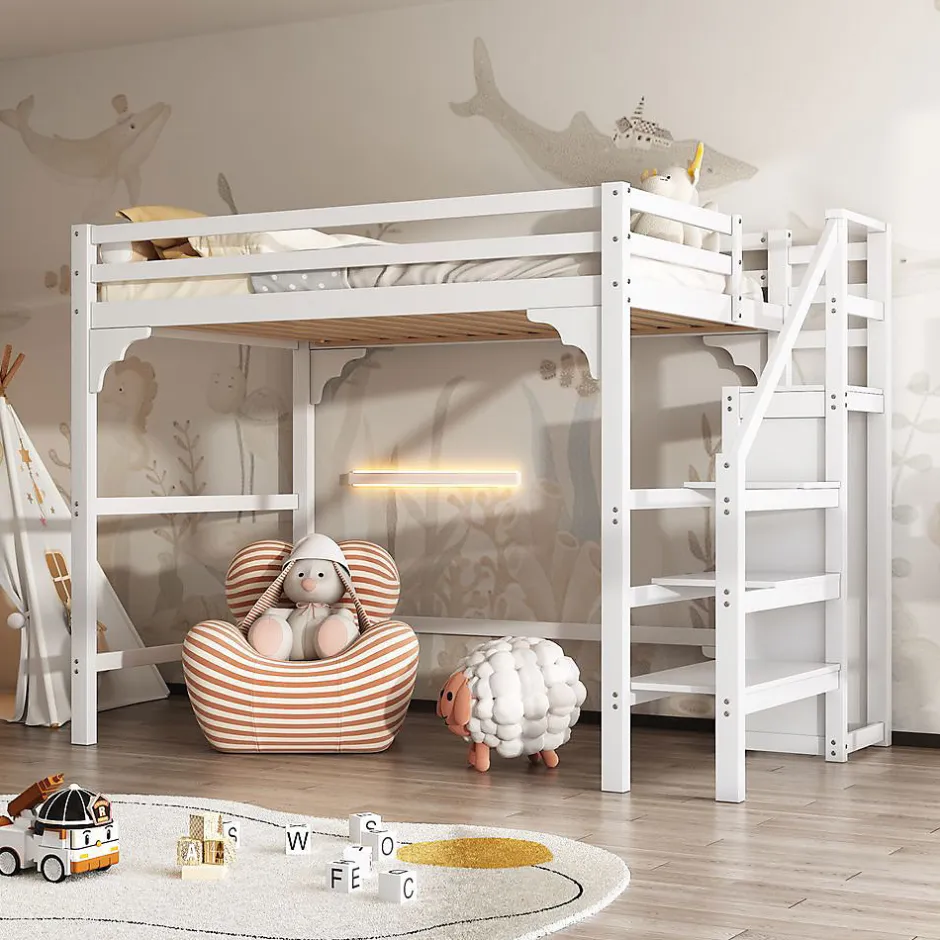 Enfant Blackcolors Lit Mezzanine 140X200Cm Escalier Armoire Blanc