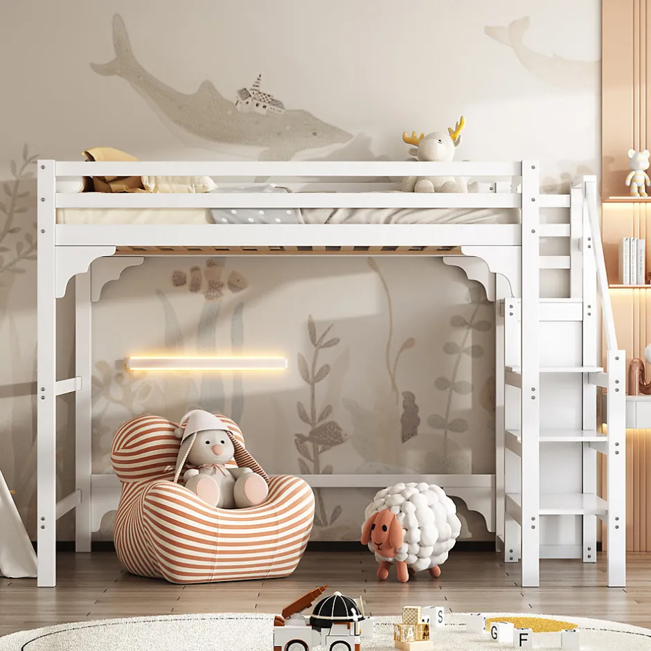 Enfant ProximaX Lit mezzanine 140x200cm, lit d'enfant avec sommier à lattes, escalier avec armoire de rangement, anti-chute, blanc
