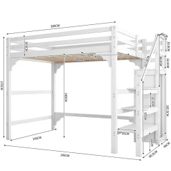 Enfant ProximaX Lit mezzanine 140x200cm, lit d'enfant avec sommier à lattes, escalier avec armoire de rangement, anti-chute, blanc