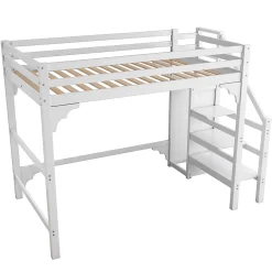 Enfant ProximaX Lit mezzanine 140x200cm, lit d'enfant avec sommier à lattes, escalier avec armoire de rangement, anti-chute, blanc