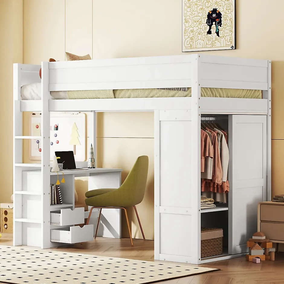 ProximaX Lit mezzanine 90x200cm, lit enfant polyvalent, équipé d'armoire, bureau et tiroirs, échelle, sommier à lattes, pin, blanc Hot
