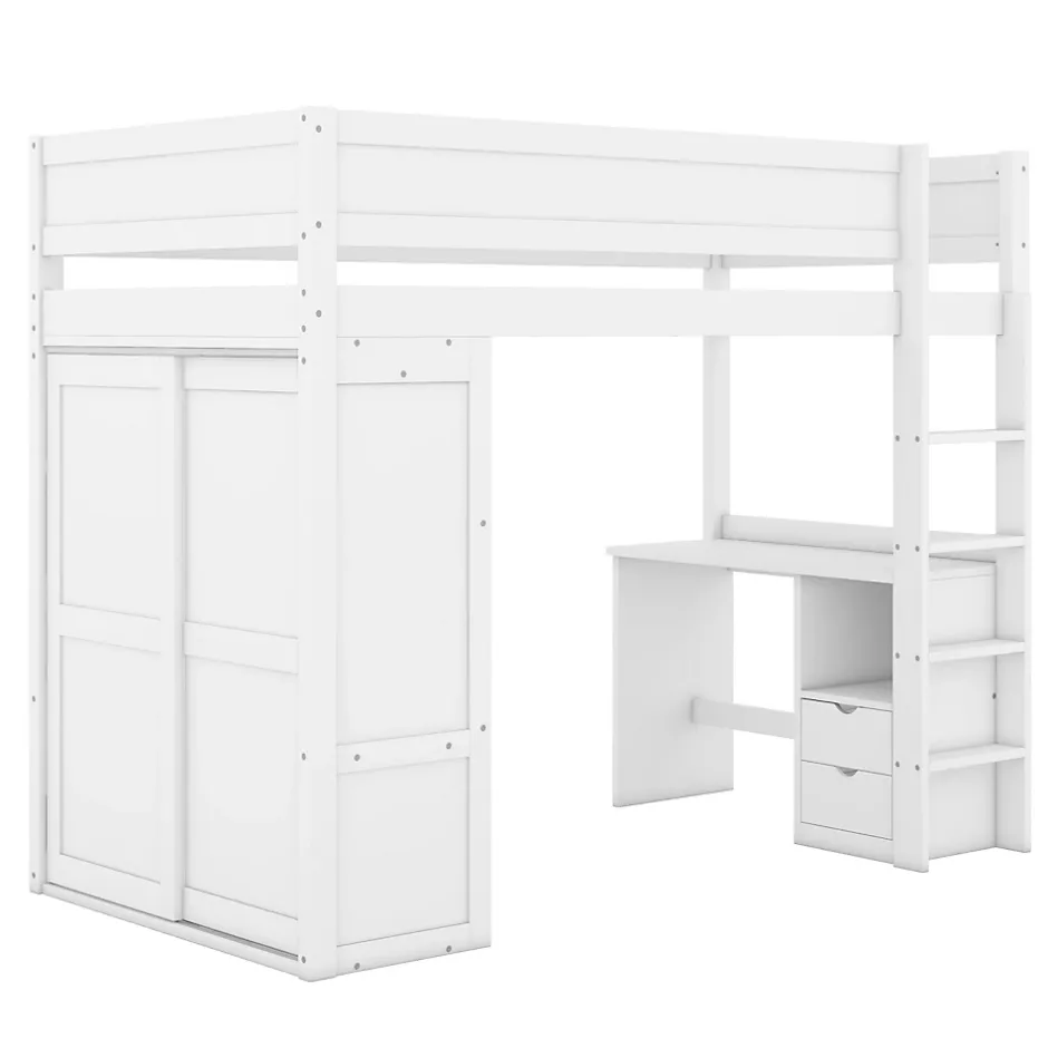 ProximaX Lit mezzanine 90x200cm, lit enfant polyvalent, équipé d'armoire, bureau et tiroirs, échelle, sommier à lattes, pin, blanc Hot