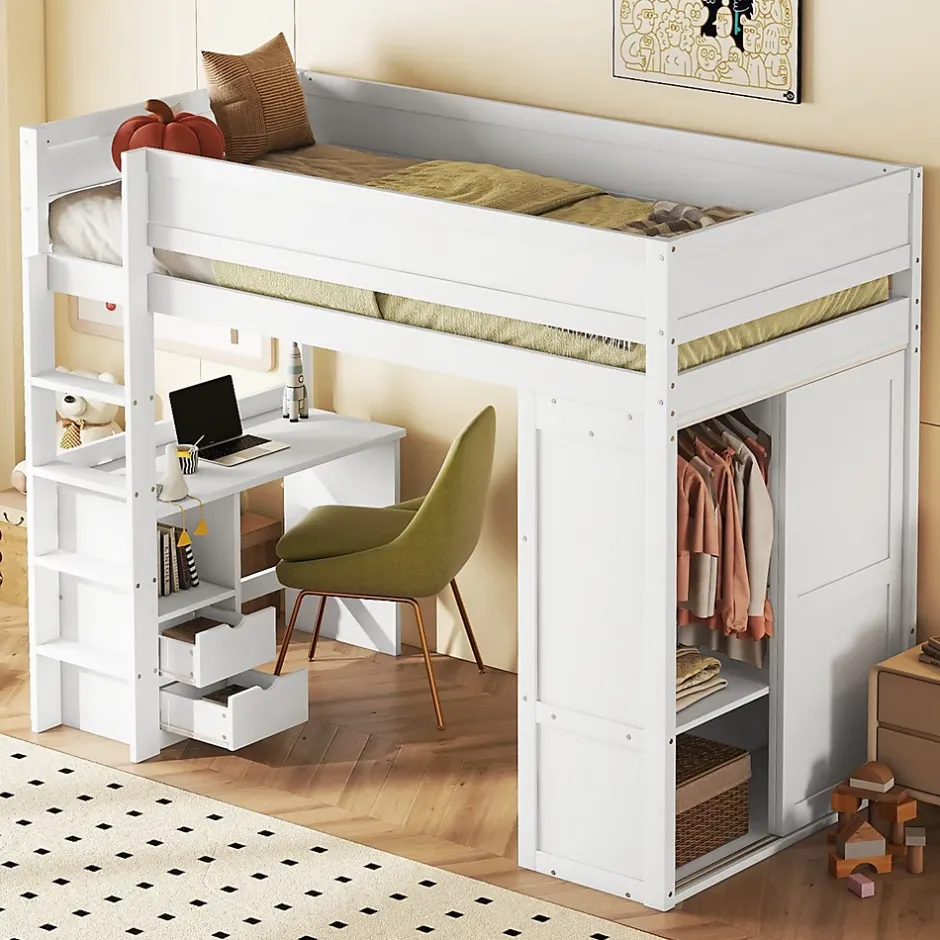 ProximaX Lit mezzanine 90x200cm, lit enfant polyvalent, équipé d'armoire, bureau et tiroirs, échelle, sommier à lattes, pin, blanc Hot