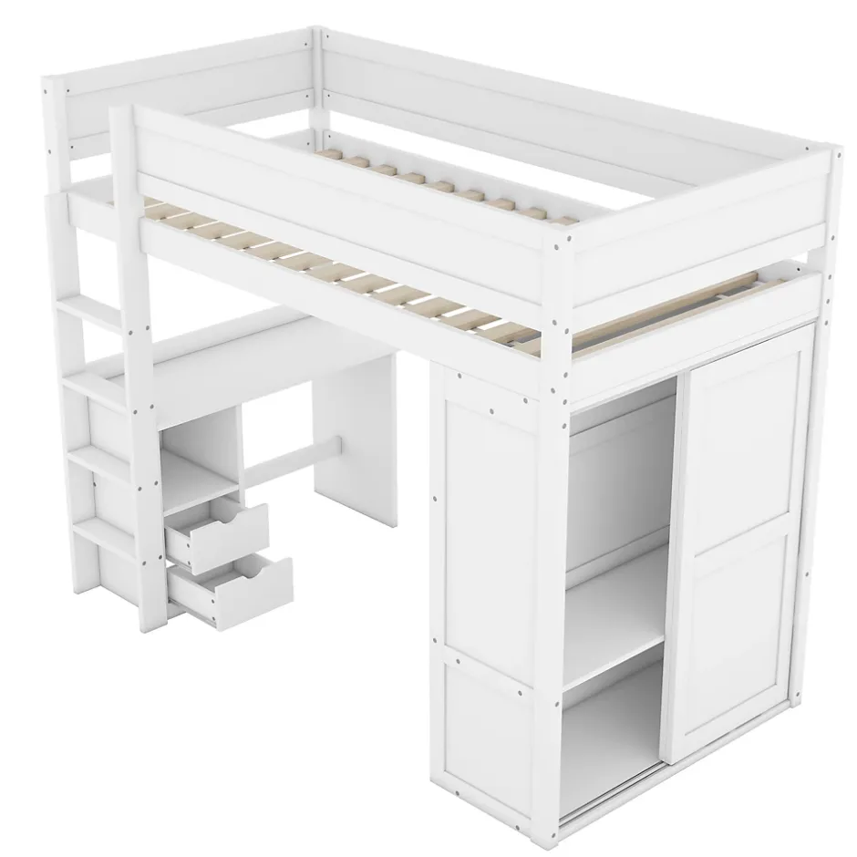 ProximaX Lit mezzanine 90x200cm, lit enfant polyvalent, équipé d'armoire, bureau et tiroirs, échelle, sommier à lattes, pin, blanc Hot
