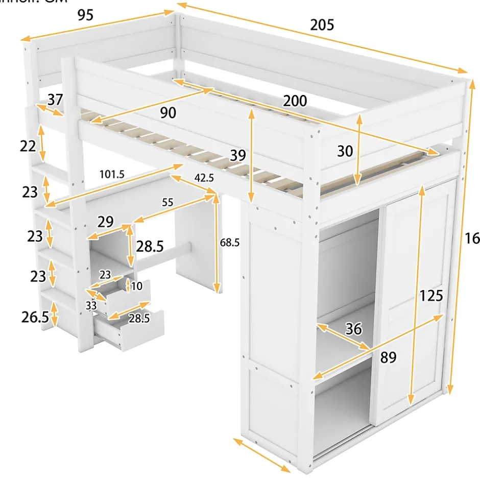 ProximaX Lit mezzanine 90x200cm, lit enfant polyvalent, équipé d'armoire, bureau et tiroirs, échelle, sommier à lattes, pin, blanc Hot