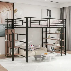Enfant ProximaX Lit mezzanine 140x200cm, lit enfant avec échelles et étagères de rangement et petite penderie, design haute clôture, noir