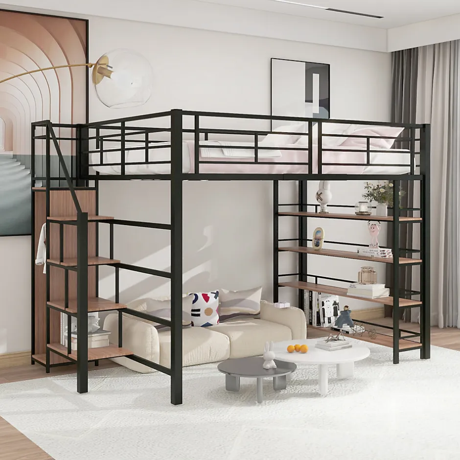 Enfant ProximaX Lit mezzanine 140x200cm, lit enfant avec échelles et étagères de rangement et petite penderie, design haute clôture, noir