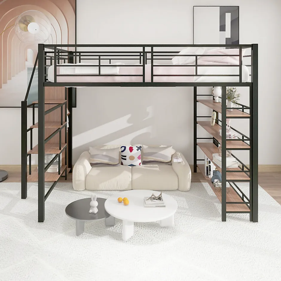 Enfant ProximaX Lit mezzanine 140x200cm, lit enfant avec échelles et étagères de rangement et petite penderie, design haute clôture, noir