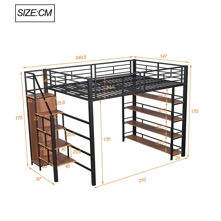 Enfant ProximaX Lit mezzanine 140x200cm, lit enfant avec échelles et étagères de rangement et petite penderie, design haute clôture, noir