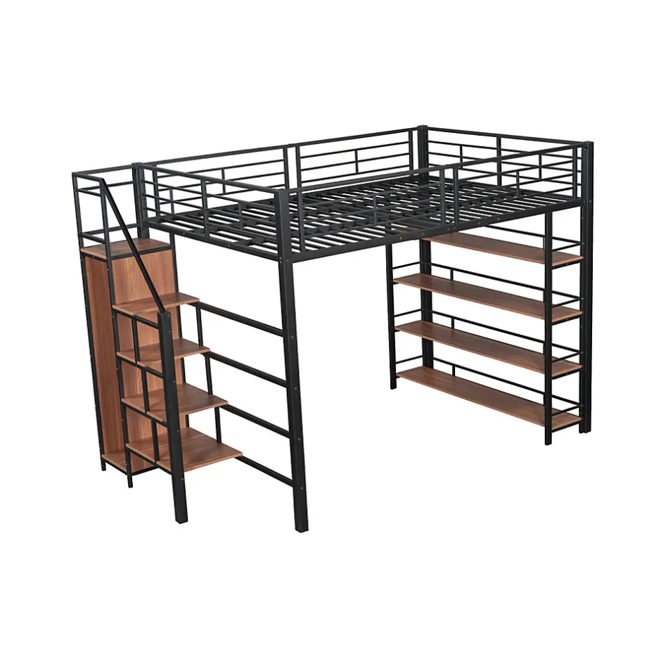 Enfant ProximaX Lit mezzanine 140x200cm, lit enfant avec échelles et étagères de rangement et petite penderie, design haute clôture, noir