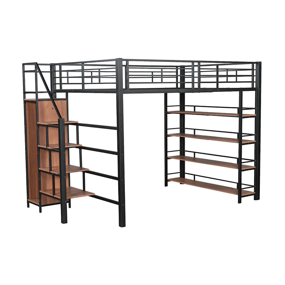 Enfant ProximaX Lit mezzanine 140x200cm, lit enfant avec échelles et étagères de rangement et petite penderie, design haute clôture, noir