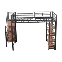 Enfant ProximaX Lit mezzanine 140x200cm, lit enfant avec échelles et étagères de rangement et petite penderie, design haute clôture, noir