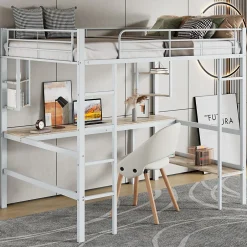 Simple Life Lit mezzanine, 90x200cm, metal, blanc, bureau, etageres, enfants, ados Discount