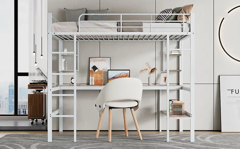 Simple Life Lit mezzanine, 90x200cm, metal, blanc, bureau, etageres, enfants, ados Discount
