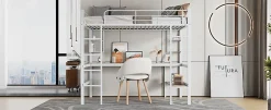Simple Life Lit mezzanine, 90x200cm, metal, blanc, bureau, etageres, enfants, ados Discount