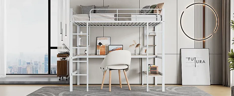 Simple Life Lit mezzanine, 90x200cm, metal, blanc, bureau, etageres, enfants, ados Discount
