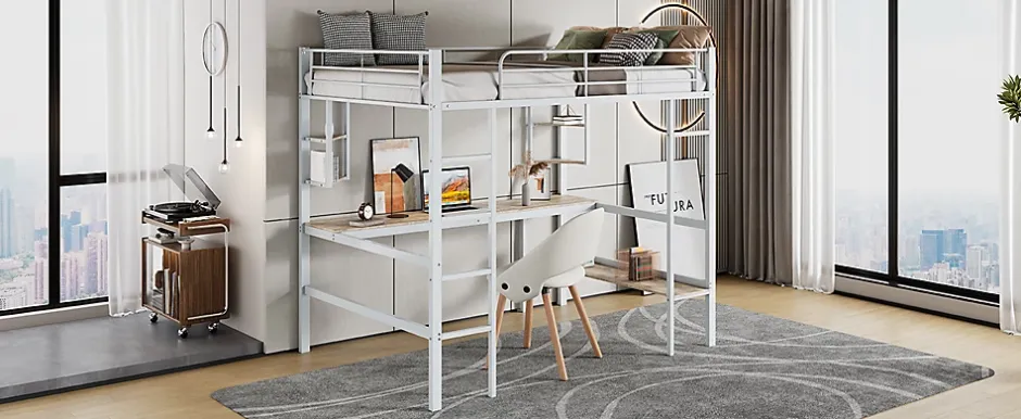 Simple Life Lit mezzanine, 90x200cm, metal, blanc, bureau, etageres, enfants, ados Discount