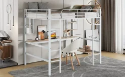 Simple Life Lit mezzanine, 90x200cm, metal, blanc, bureau, etageres, enfants, ados Discount