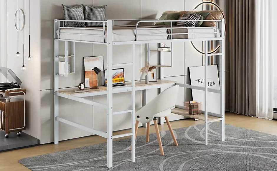 Simple Life Lit mezzanine, 90x200cm, metal, blanc, bureau, etageres, enfants, ados Discount