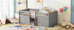 Enfant Fortuna lai Lit Mi-Haut 90x200cm, 4 Tiroirs, Échelle, Pin, Sans Matelas, Style Minimaliste, Gris