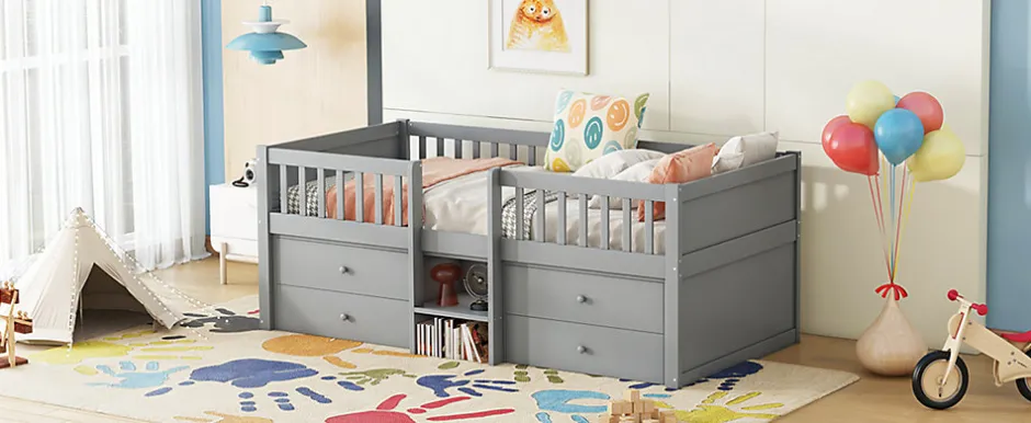 Enfant Fortuna lai Lit Mi-Haut 90x200cm, 4 Tiroirs, Échelle, Pin, Sans Matelas, Style Minimaliste, Gris