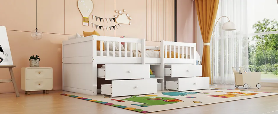 Enfant Fortuna lai Lit Mi-Haut 90x200cm, 4 Tiroirs, Échelle, Pin, Sans Matelas, Style Minimaliste, Blanc
