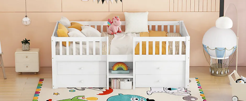Enfant Fortuna lai Lit Mi-Haut 90x200cm, 4 Tiroirs, Échelle, Pin, Sans Matelas, Style Minimaliste, Blanc