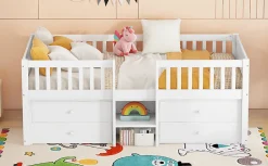 Enfant Fortuna lai Lit Mi-Haut 90x200cm, 4 Tiroirs, Échelle, Pin, Sans Matelas, Style Minimaliste, Blanc