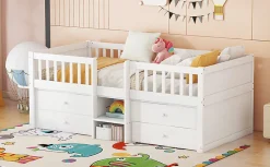 Enfant Fortuna lai Lit Mi-Haut 90x200cm, 4 Tiroirs, Échelle, Pin, Sans Matelas, Style Minimaliste, Blanc