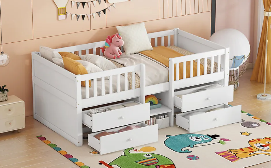 Enfant Fortuna lai Lit Mi-Haut 90x200cm, 4 Tiroirs, Échelle, Pin, Sans Matelas, Style Minimaliste, Blanc