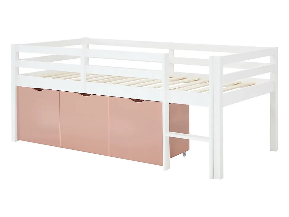 Vente-unique Lit mi-hauteur 90 x 190 cm avec rangement - Pin et MDF - Blanc et rose - LANIORI Online