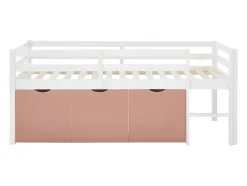 Vente-unique Lit mi-hauteur 90 x 190 cm avec rangement - Pin et MDF - Blanc et rose - LANIORI Online
